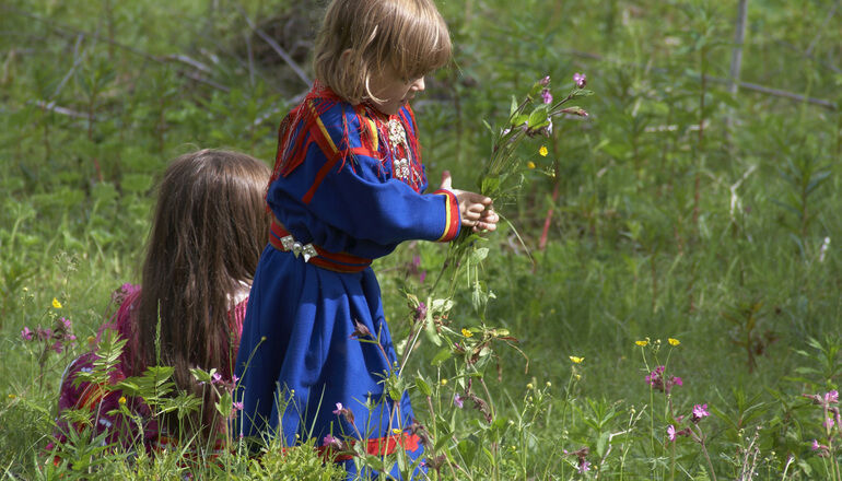 små flickor plockar blommor